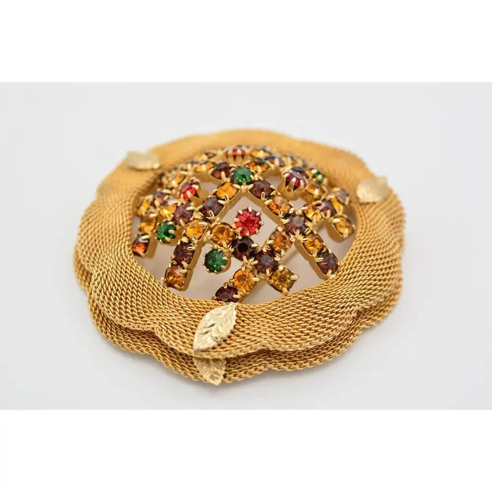 Vintage Crystal Pin Brooch Mesh Gold Prong Multi-Color Rhinestone 1970s BinAT